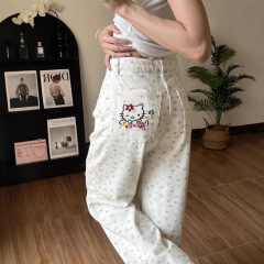 米白色kitty卡通猫碎花牛仔裤女夏季设计感直筒高腰阔腿梧桐裤子