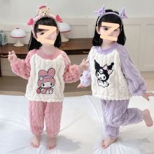 2025女童珊瑚绒睡衣秋冬季加厚法兰绒中小童可爱卡通家居服套装