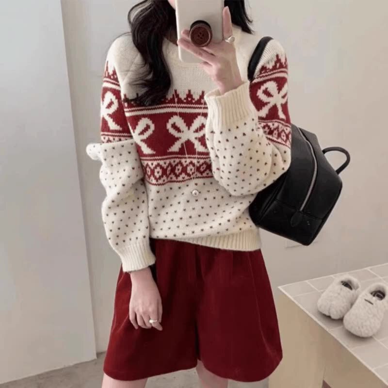 Korean Style Bow Retro Jacquard Round Neck Women's Knitwear 2025 Autumn and Winter New Thickeneded Versatile Knitwear Top Korean Style Bow Retro Jacquard Round Neck Women's Knitwear 2025 Autumn and Winter New Thickeneded Versatile Knitwear Top