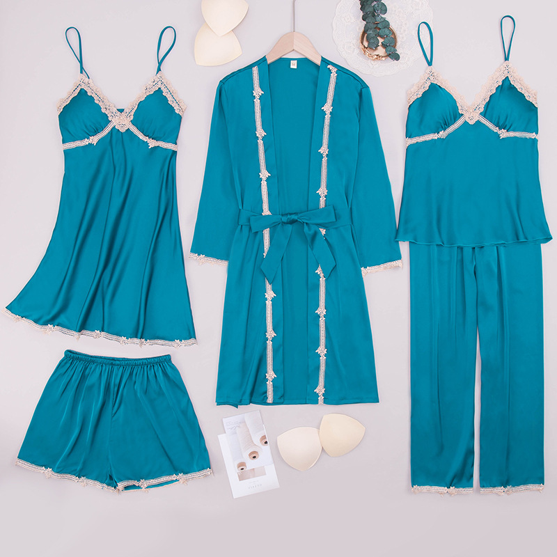 Yaoting-pijamas de gasa satinada para primavera y verano, conjunto de cinco piezas de seda helada, ropa de casa sexy informal y sencilla con almohadillas para el pecho