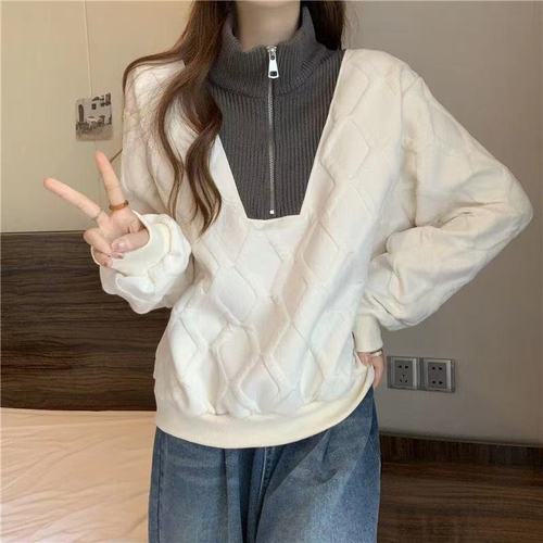 High-sensitivity zipper three-dimensional rhombus sweatshirt for women in autumn and winter, small and lazy style niche tops ins trend