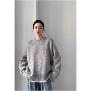 复古羊毛毛衣女秋冬季圆领宽松ROW慵懒风外穿内搭打底针织衫潮