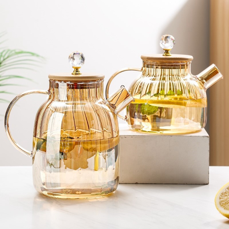 Gran capacidad jugo pote diamante botón vidrio de borosilicato botella de agua fría estufa de cerámica eléctrica calefacción vidrio de grano vertical botella de agua fría