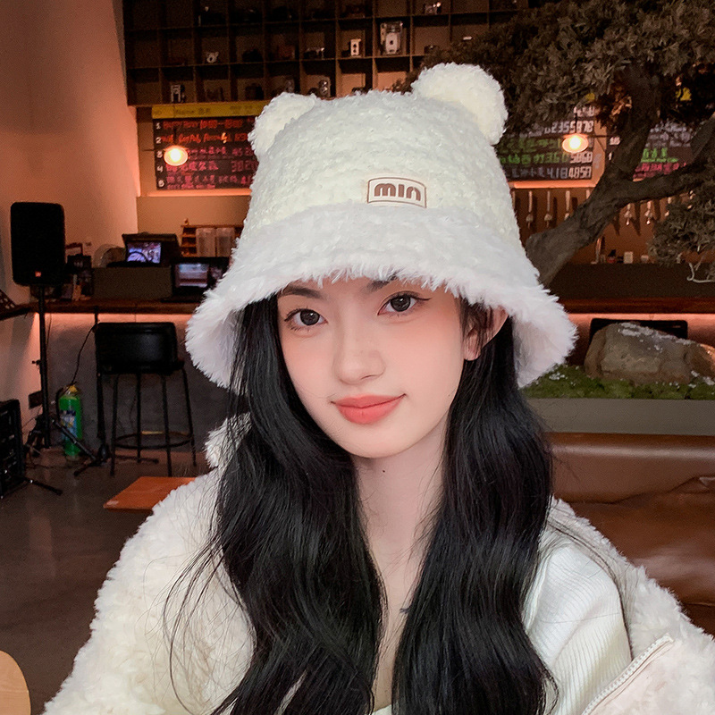 Nueva moda coreana de cordero sombrero de peluche para mujeres otoño y invierno caliente retro versátil más vello grueso sombrero de bañera muestra cara pequeña