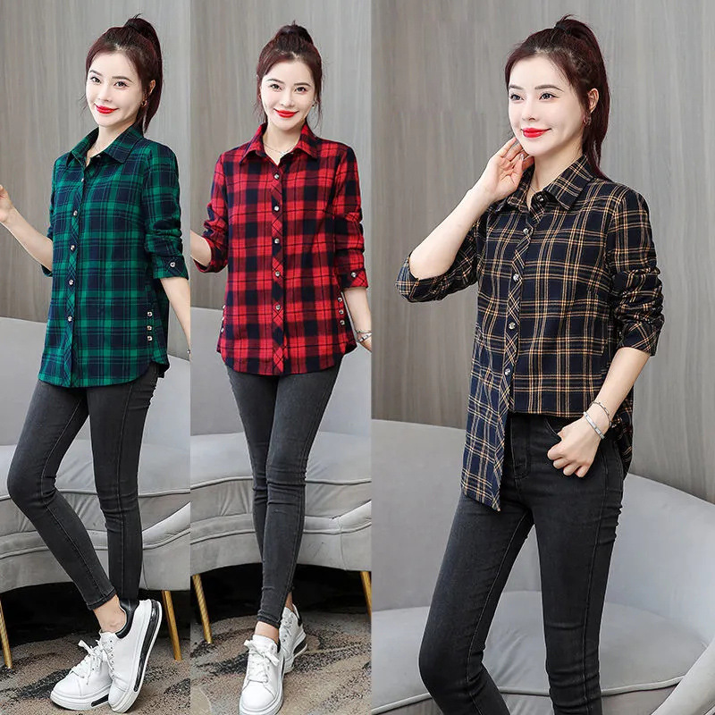Mom Autumn Cotton Plaid Shirt Women's Long-sleeved Jacket Spring and Autumn Casual Shirt for Middle-aged 30-40 Years Old Mom Autumn Cotton Plaid Shirt Women's Long-sleeved Jacket Spring and Autumn Casual Shirt for Middle-aged 30-40 Years Old