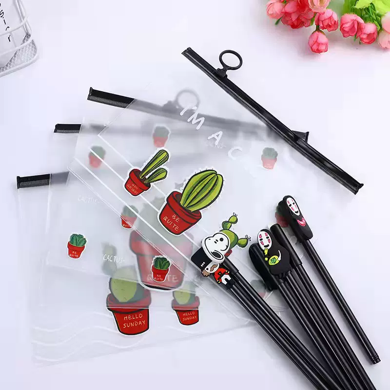 现货批发PE磨砂卡通仙人掌拉链袋 学生文具笔收纳袋 发饰发圈袋