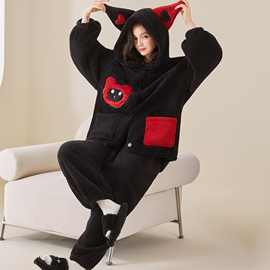 珊瑚绒睡衣女秋冬加厚加绒连帽套装2025新款保暖家居服套装可外穿