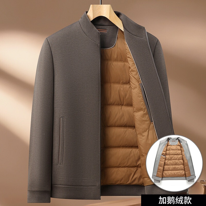 Autumn and winter men's high-quality warm stand-collar wool jacket with goose down lining, casual men's outerwear