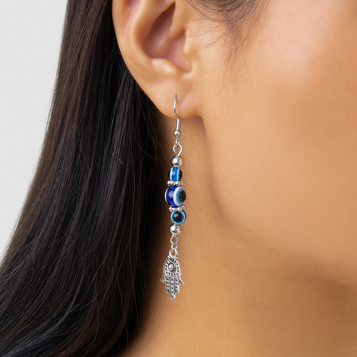 Schmuck im ethnischen Stil Buddha Hand Anhänger lange einfache Perlen Böser Blick Ohrringe_voghion.com
