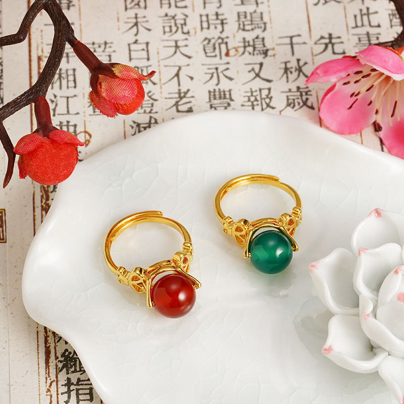 Viejo oro vietnamita estilo nacional retro incrustado de gemas anillo de boca viva lujoso no desvanecerse joyas de alta calidad