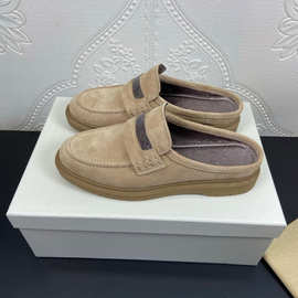 外贸2025包头拖鞋小众复古串珠乐福鞋磨砂圆头平底一脚蹬女单鞋潮