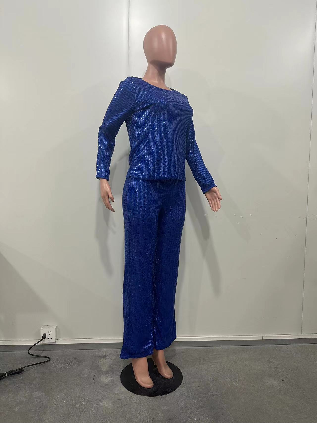 Women's Clothing new sequined solid color long sleeved trousers two piece set_voghion.com