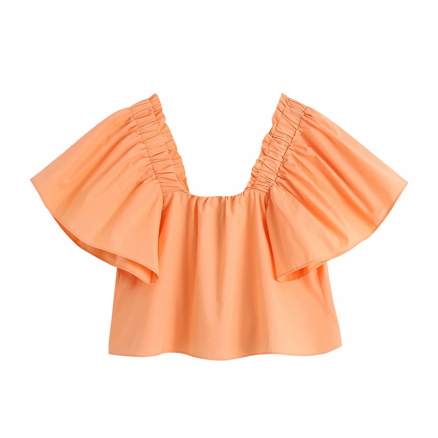 Solid color square collar puff sleeve poplin sporty short blouse NSAM50472