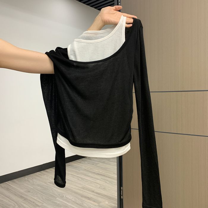 【自社工場在庫あり】フェイクツーピースコントラストカラー長袖Tシャツレディースプリーツウエスト痩身インナーベストトップ|undefined