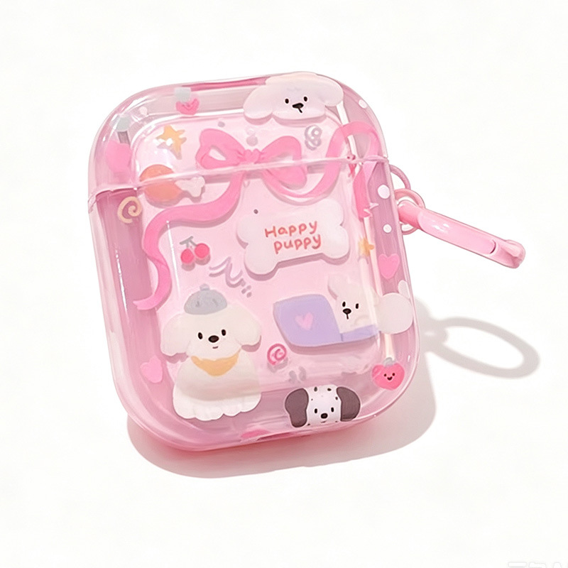 Nueva moda creativa Cinta rosa Puppy i12 Funda protectora para auriculares TPU Estuche blando anticaídas Estuche de transporte personalizado