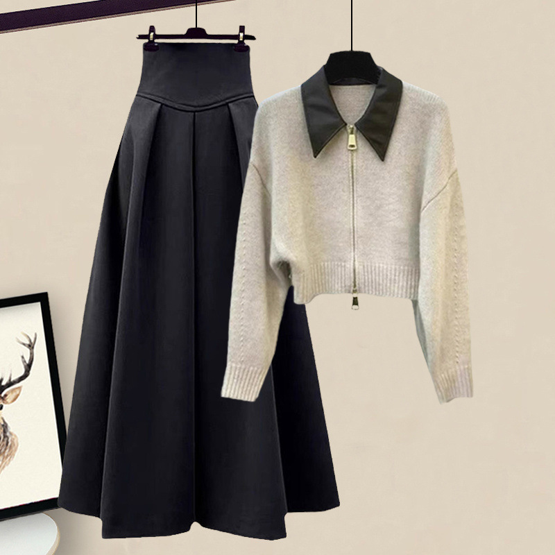 가을 세트 여성의 2023 새로운 플러스 사이즈 여성 칼라 지퍼 니트 카디건 하이 웨이스트 스커트 투피스 세트
