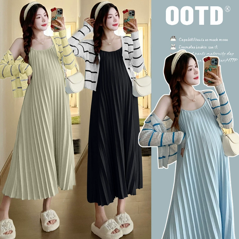 Новинка 2025: Модный и универсальный комплект для беременных — приталенное плиссированное платье на бретельках для весны и осени
