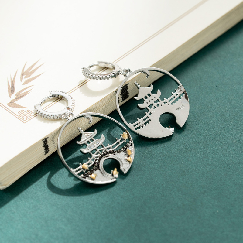 WN high-grade national fashion fashion all-match poetry series evening Pavilion earrings women's silver-plated Chinese style earrings