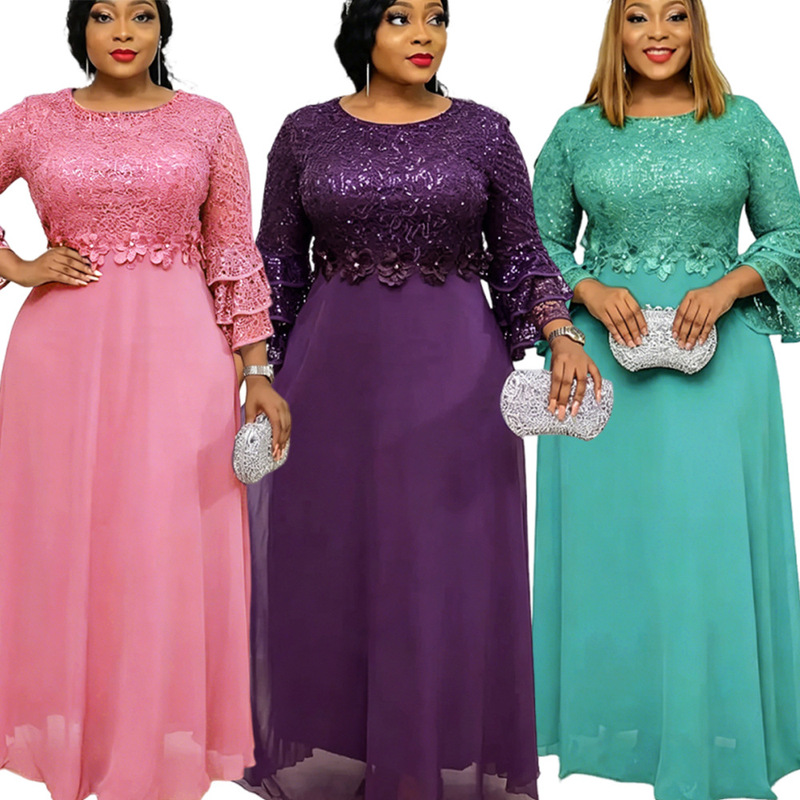 Africa Europe and America Women's Large Size AliExpress Amazon wish2023 New Lace Heavy Industry Chiffon Dress