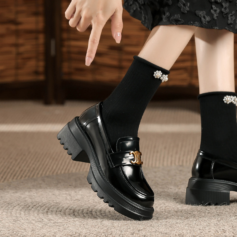 Spring/Summer 2025 Women's Slip-On Loafers with Triumphal Arch Gold Buckle and Skirt Matching Leather Shoes