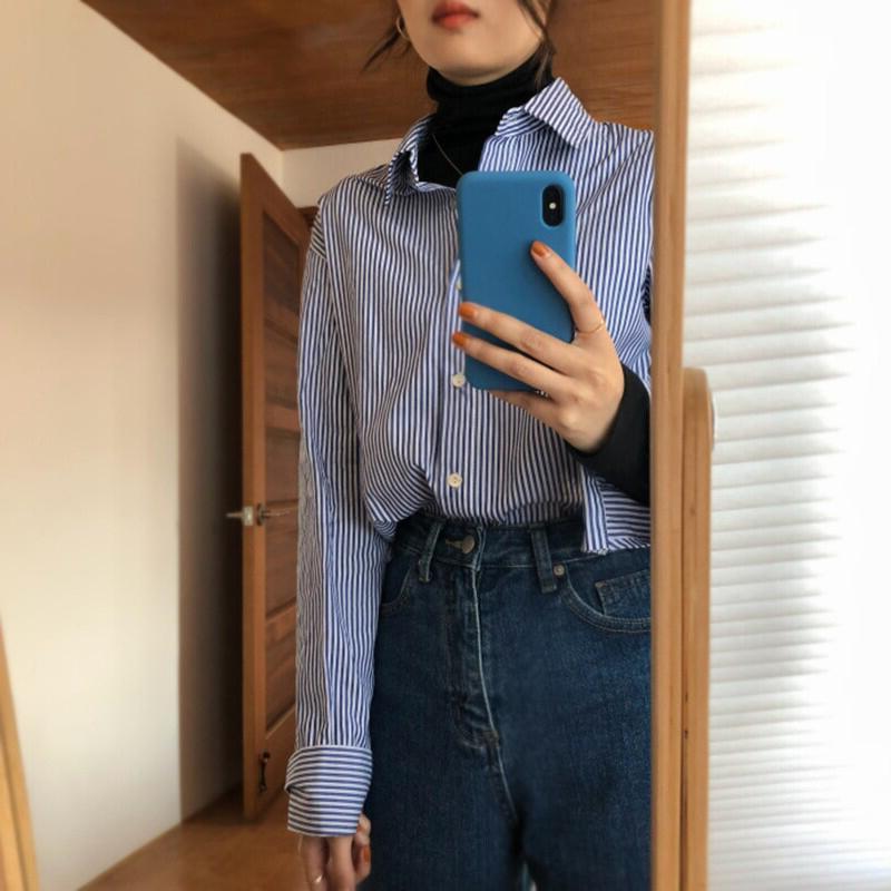 女性用の青い縦縞シャツ、ニッチなデザイン、長袖インナー、2025年の新しい多用途の初秋のレイヤードトップ|undefined