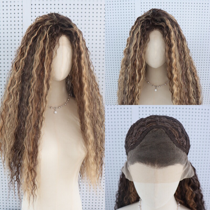 Front lace front wig in piano color, made of synthetic fiber, heat-resistant, with small curls, suitable for women as a full head cover