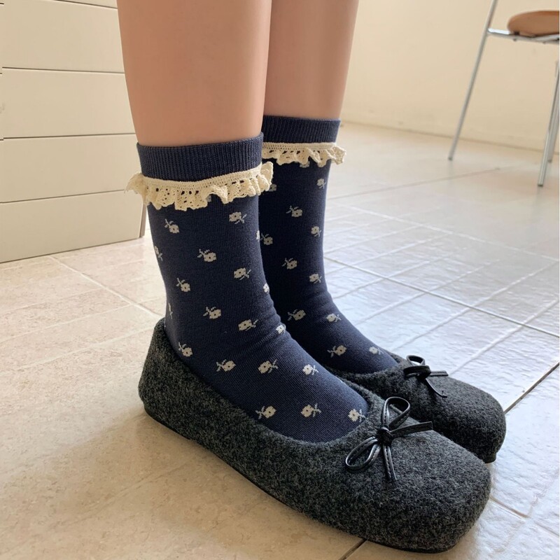 秋日繁花 甜妹复古小碎花蕾丝花边堆堆袜子女藏青学院风中筒袜ins|undefined