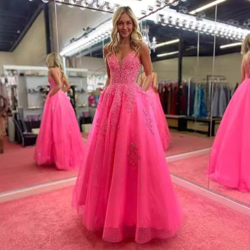 Cross-Border Evening Dress French Suspender Long Lace Fluffy Ball Dress Back Strap Dress Long Skirt