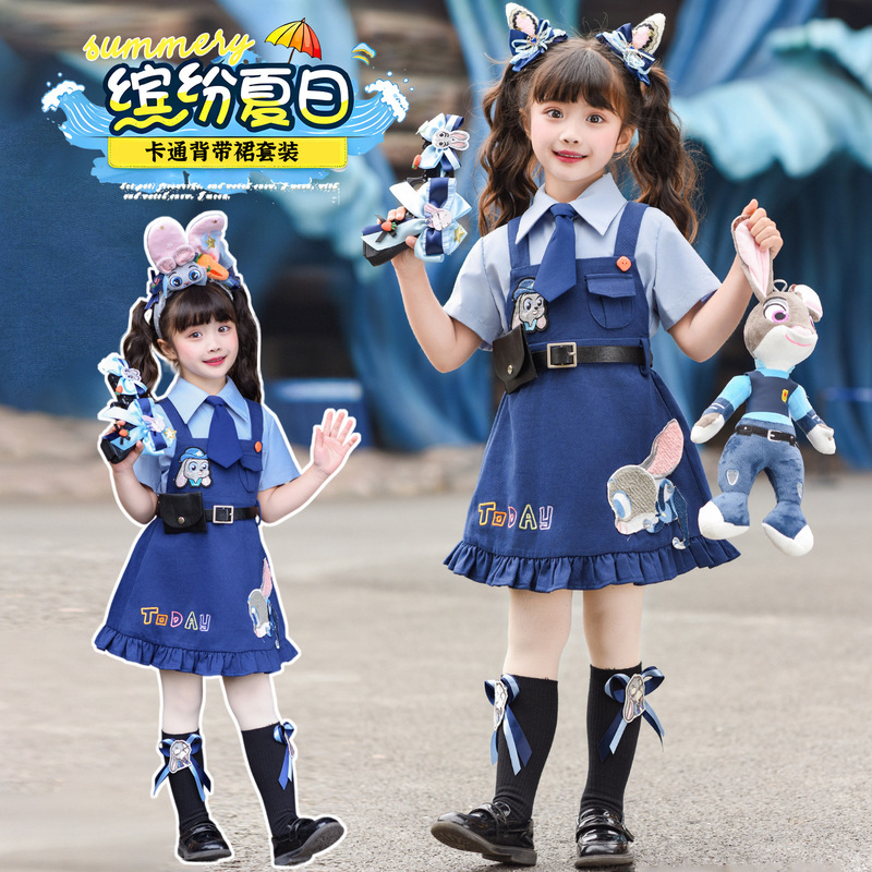 Girls' Summer Bunny Police Officer Suspender Skirt Set New Disney Performance Outfit Suspender Skirt and Shirt Set