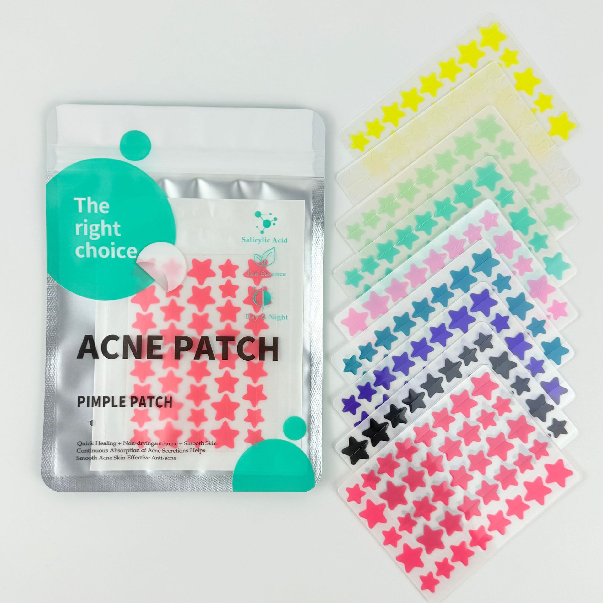 Colorful star-shaped acne patches, makeup concealer, hydrocolloid acne treatment patches, pus-absorbing patches, portable packaging, best-selling skincare products.