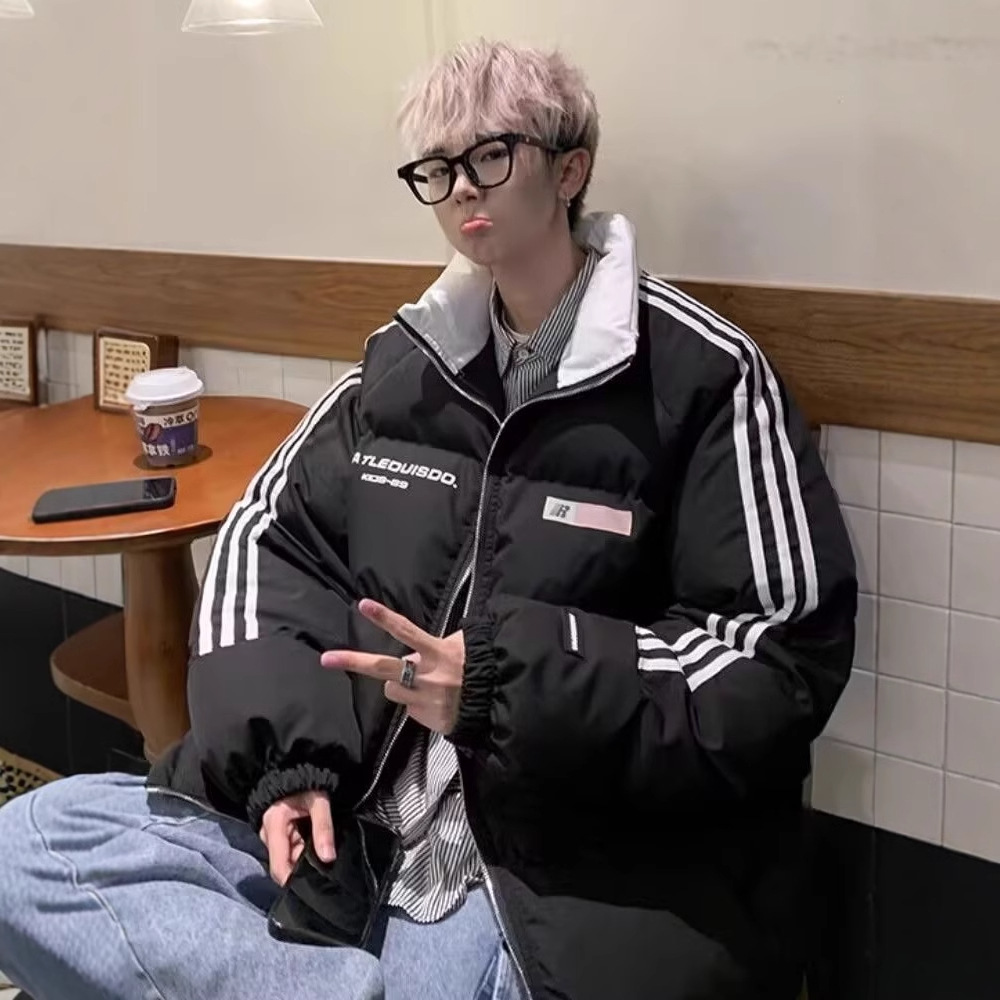 홍콩 스타일 스트라이프 콘트라스트 다운 재킷 남성 겨울 애호가 빵 의류 청소년 패딩면 패딩 재킷 느슨한 코트 도매