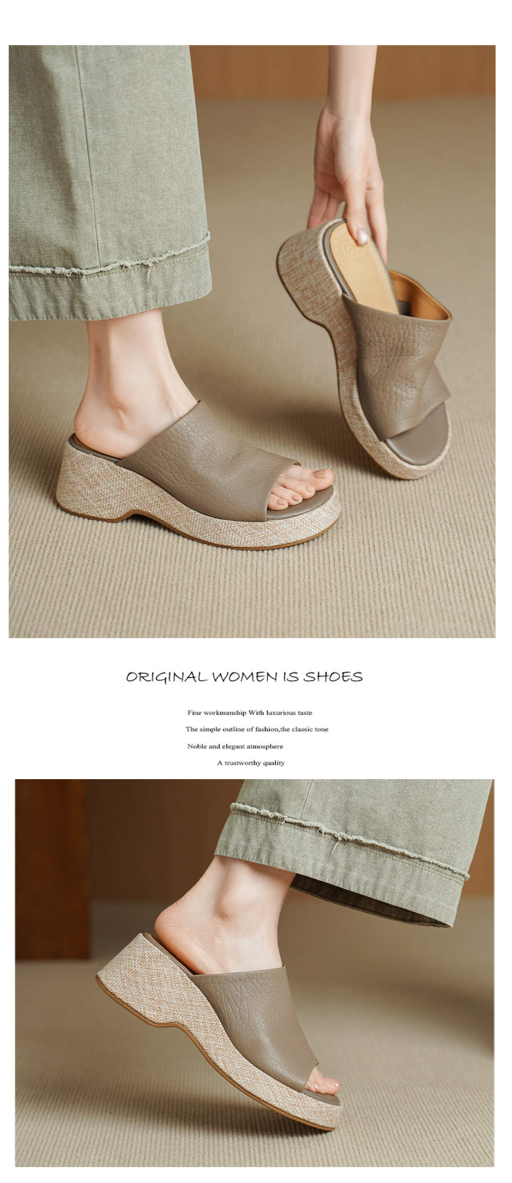 Sandal nữ da cừu gót xuồng hở mũi quai ngang đế dày — Xám voi chi tiết 6