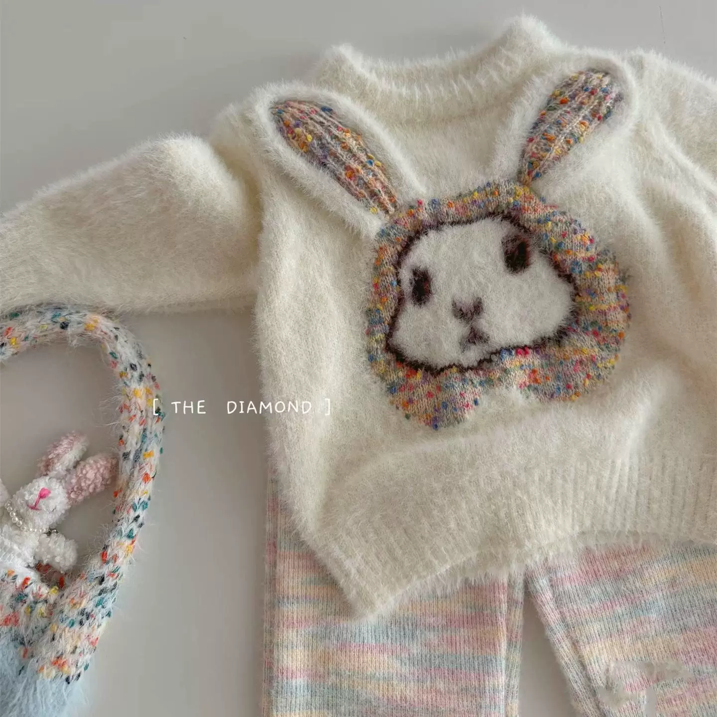 Autumn children's cartoon knitted rabbit, sweater, trousers, set, Korean style, children's clothing, western style