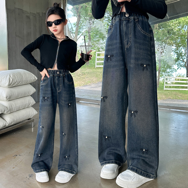 大童春秋牛仔裤初中生宽松蝴蝶结阔腿裤直筒女孩裤子童装下装儿童