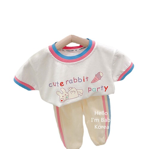 Girls Bear Rainbow Tie Suit Summer 2024 New Baby Girl Summer Clothes Casual Short Sleeves Long Pants Children's Clothes
