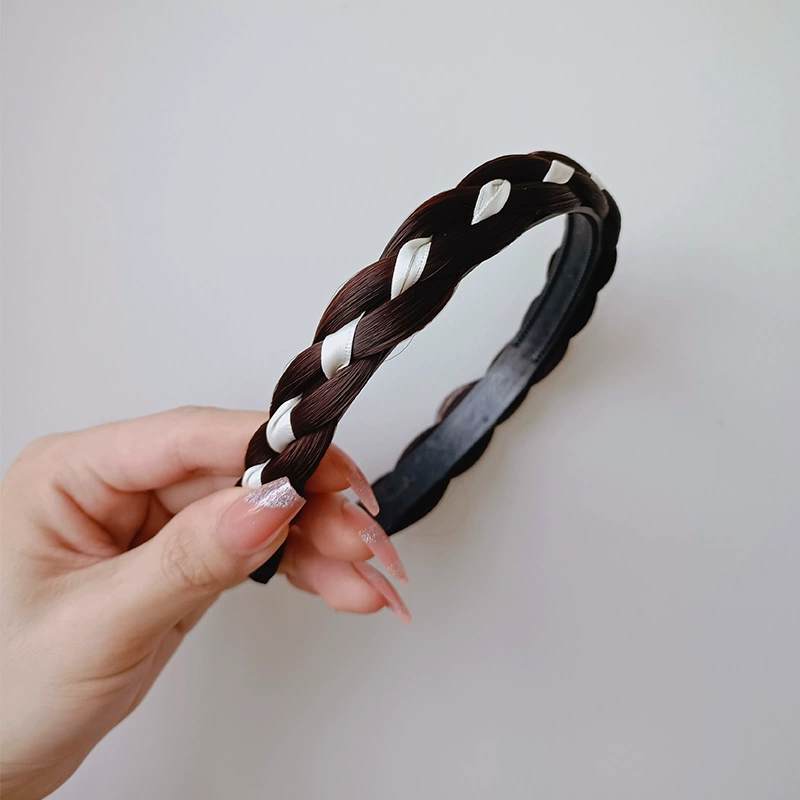 handmade wig headband with pigtail, scalloped hair accessory, matte silk, Ø≈15 cm