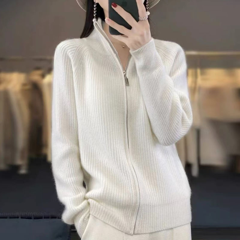 2024年秋冬新款仿羊毛元宝针加厚半高领针织开衫拉链纯色宽松上衣