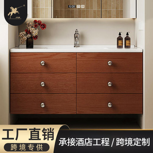 2024 new stainless steel antique retro wood grain bathroom cabinet combination bathroom ceramic integrated basin wash basin