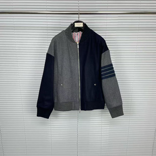 Factory Direct Sale Tb Four-Stripe Jacquard Wool Color-Block Baseball Jacket Unisex Trendy Coat