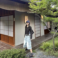 华夫格亨利领长袖t恤女秋季2025新款打底衫修身显瘦短款内搭上衣
