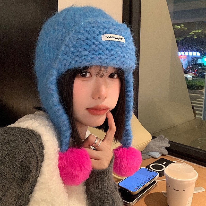 蓝色针织毛球马海毛护耳帽女秋冬季显脸小毛线帽加厚保暖雷锋帽子|undefined