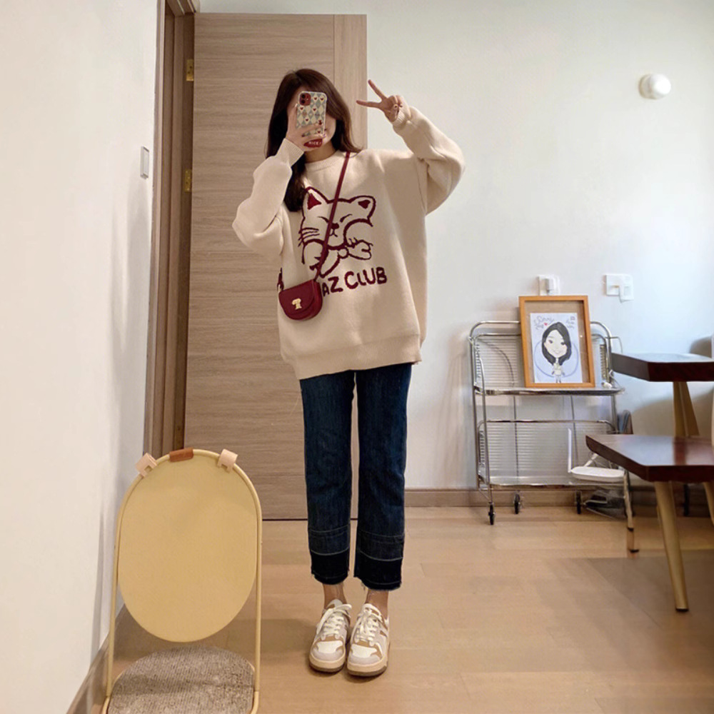 한국 스타일 게으른 스타일 풀오버 스웨터 여성의 가을 및 겨울 느슨한 디자인 젠틀 두꺼운 둥근 목 외신베이스 스웨터