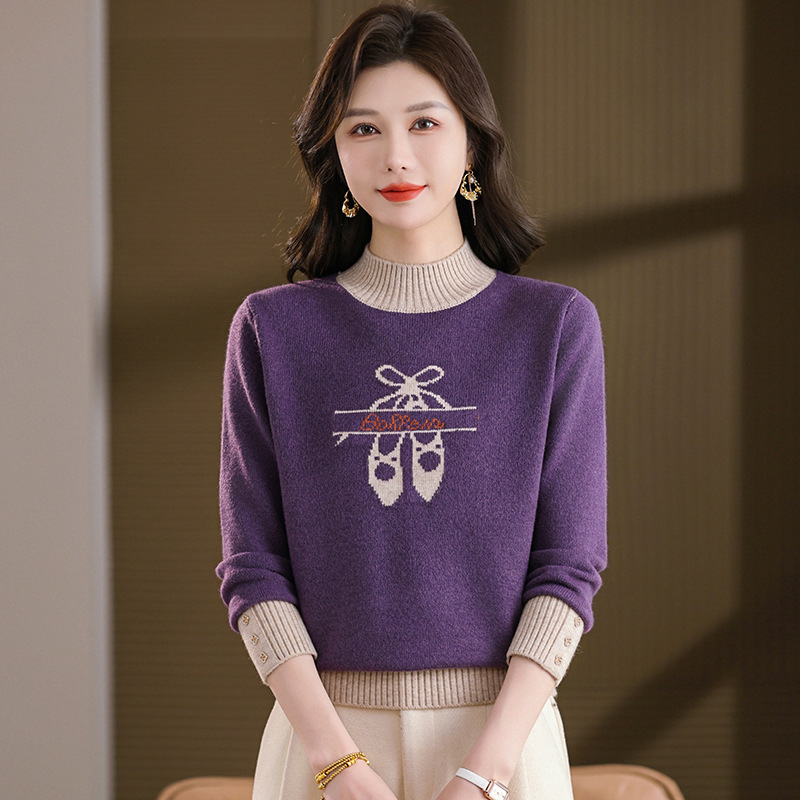 2025秋冬季新款圆领芭蕾风提花针织长袖女装百搭设计甜美风休闲风，女装针织衫/毛衣，妃慕昵服饰