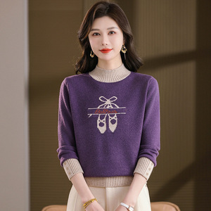 2025秋冬季新款圆领芭蕾风提花针织长袖女装百搭设计甜美风休闲风，女装针织衫/毛衣，妃慕昵服饰