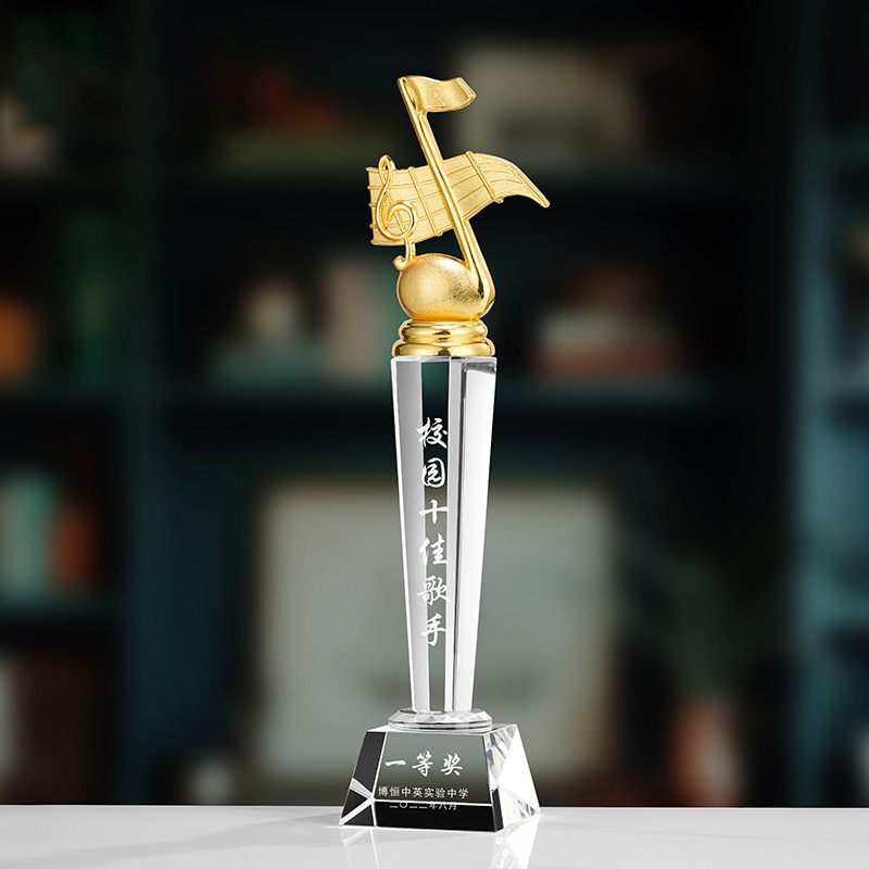 Trofeo de cristal de grabación reunión anual de competición de premios medallas de metal de madera sólida colorido trofeo de cristal impreso