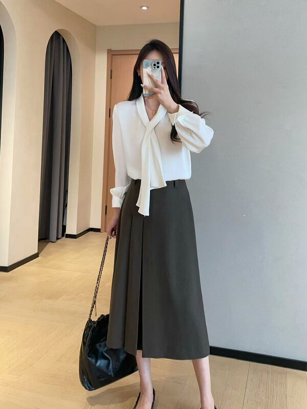 法式气质侧风琴压褶设计宽松显瘦中长款A字半身裙女2025秋G090807|undefined