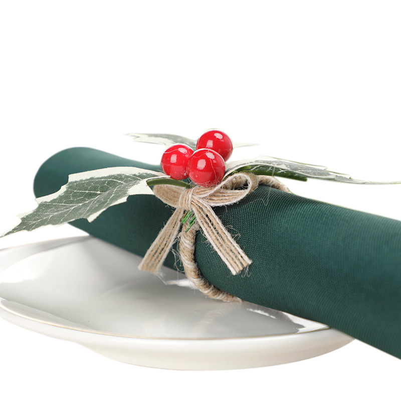 Nórdico hebilla de la servilleta artificial Decoración de mesa de Navidad hoja verde rojo fruta servilleta anillo artificial Mori boca anillo de tela al por mayor