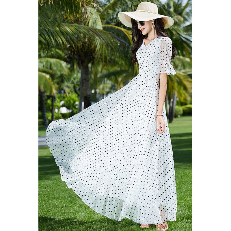 Elegant White Polka Dot Dress 2025 New Slim Fit Long Skirt Bohemian Super Fairy Princess Dress