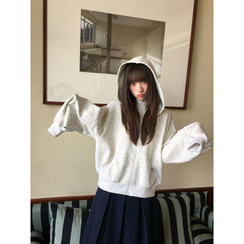 美式复古碎花连帽开衫卫衣女春秋新款宽松慵懒chic设计感小众外套|undefined