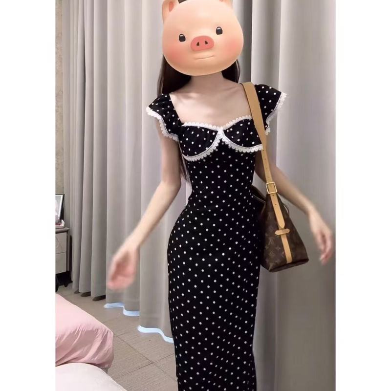 新法式夏季新款法式蕾丝拼接黑色波点印花方领气质淑女显瘦连衣裙|undefined